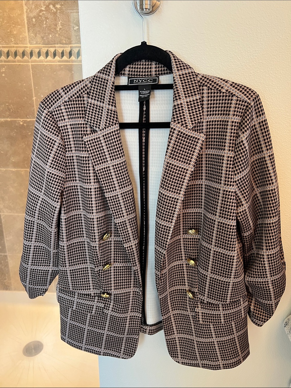 NY&C Houndstooth Double-Breasted Blazer - Black & Cream